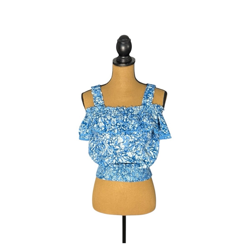 House of Harlow 1960 Martine Blue Print Smocked Off Shoulder Ruffle Top S NWT